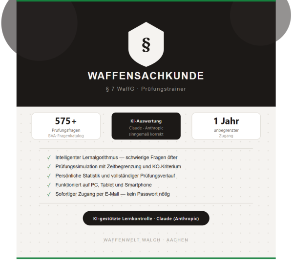 Waffensachkundetrainer § 7 WaffG — Jahreslizenz mit KI-Lernkontrolle
