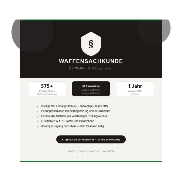 Sachkundetrainer § 7 WaffG - Jahreslizenz mit KI-Lernkontrolle (Beta)