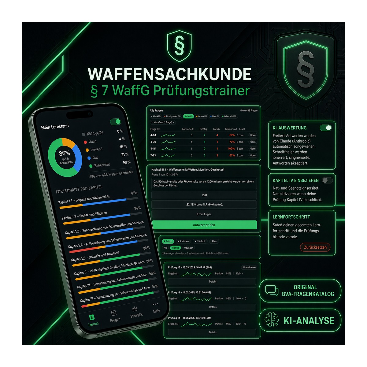 Bereite dich digital auf die Waffensachkundeprüfung nach § 7 WaffG vor.