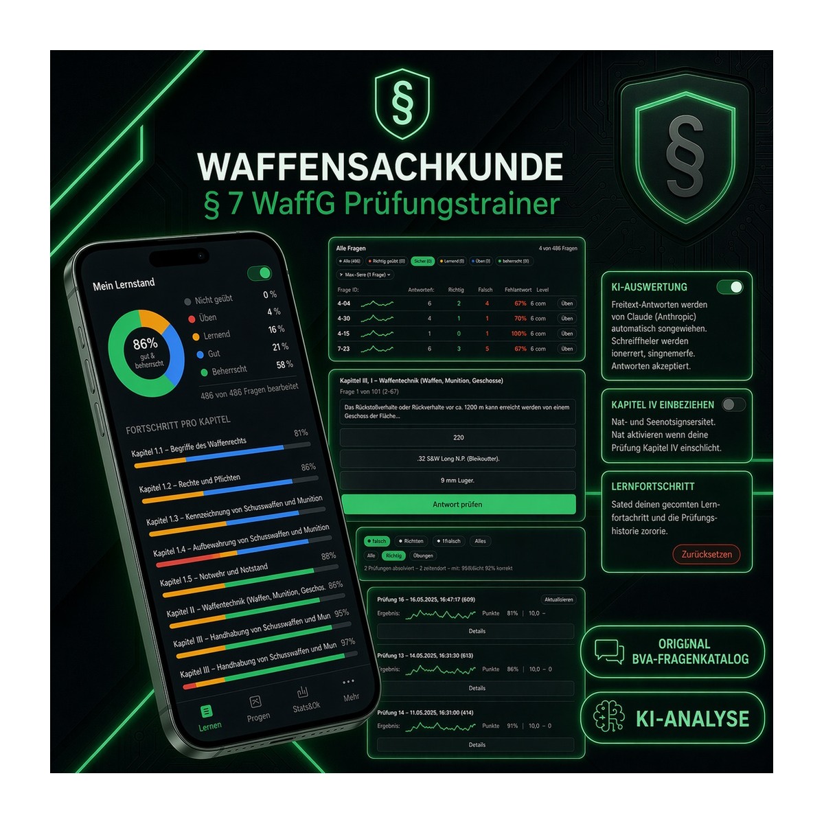 Sachkundetrainer § 7 WaffG - 3-Monats-Lizenz - mit KI-Lernkontrolle (Beta)
